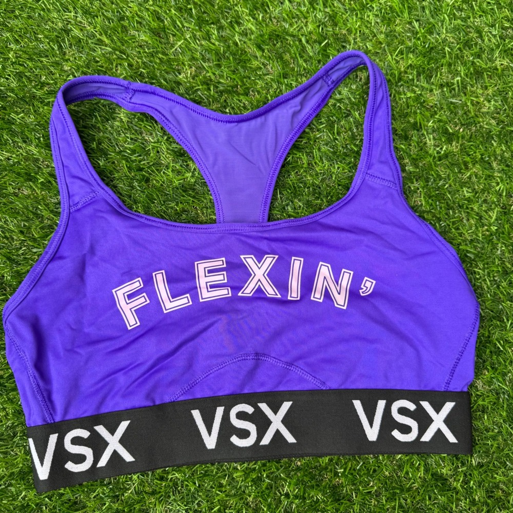 Victoria's Secret VSX Sport Bra Medium Purple FLEXIN Logo Racerback Athletic